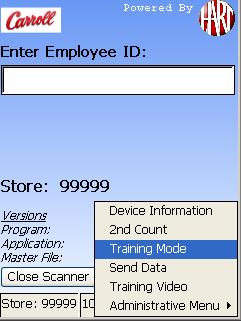 This will ensure data scanned is not lost. 1. From the Enter Employee ID screen, press the Menu button, on the TouchScreen, and a sub-menu will appear. 2.