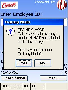 The ***Training*** Enter Employee ID screen will be displayed. b. Press No to exit and return to the Enter Employee ID screen. 4.