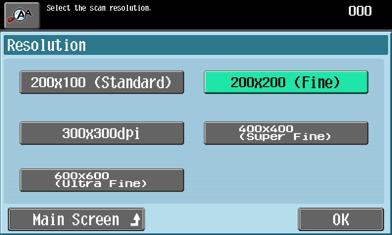 Using fax/scanning functions 3 The Scan Settings screen appears. Touch [Resolution]. 3 To return to the Address Book screen, touch [Main Screen]. The Resolution screen appears.