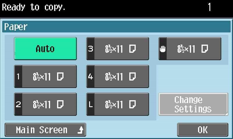 Using copy functions 1 In the Basic screen, touch [Paper]. The Paper screen appears.