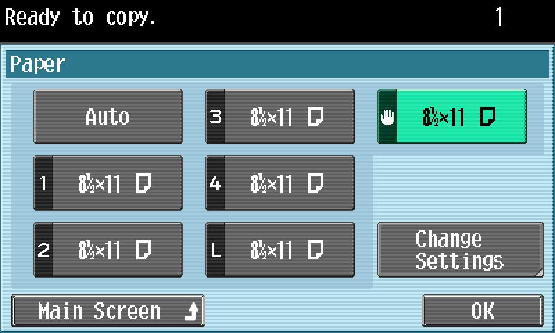 Using copy functions Touch the button for the bypass tray, and then touch [Change Settings].