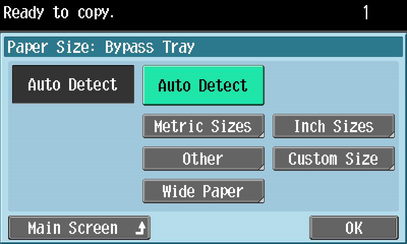 Using copy functions 3 Touch [Paper Size]. Using copy functions Chapter 4 Touch either [Auto Detect] or select the desired paper size.