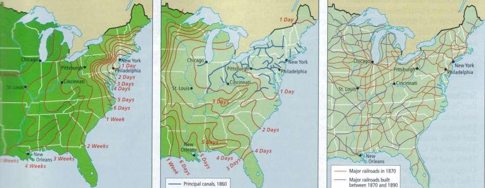 Travel times from New York City, 1800-it took a day to travel from New York City to Philadelphia and a week to reach Pittsburgh 1857-the travel time to Philadelphia was only 2 to 3 hours and to