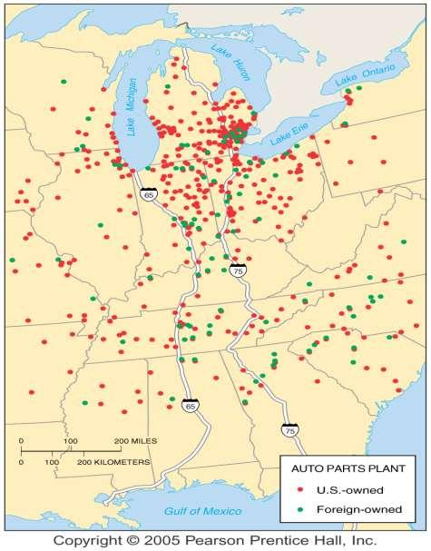 Motor Vehicle Parts Plants American owned parts plants are clustered near the final assembly plants in the Rust Belt.