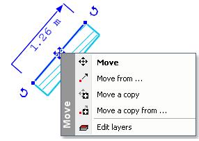 Interior Design 49 How to move elements on the drawing? After selecting an element on the drawing, Move and Rotate markers in blue appear.