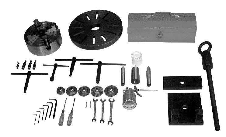 Socket Head Cap Screws 1 Tool Box (strapped to container) 1 Chip Tray 1 Splash Guard 1 Lifting Hook 2 Lifting Blocks Tool Box: 3 Open End Wrenches (9/11, 10/12,12/14mm) 1 Touch-Up Paint 1 Oil