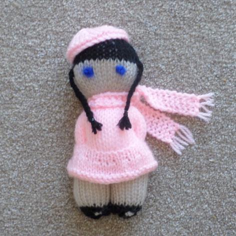 Jill Doll Measurements Height of finished doll: 18.5 cm (7¼ inches) Materials Double knit yarn in black, beige, and pink.