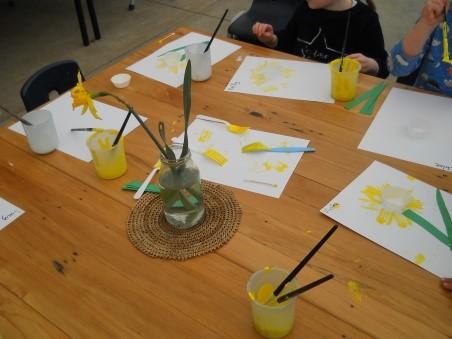 Creative activities Daffodils printing with forks and collage with paper All the daffodils are in flower towards the end of August in NZ.
