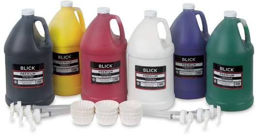 43 Blick Tempera Cakes Non-toxic, concentrated, brilliant colors come in an extra-large size 2-1/4"Dia x 3/4" thick. More than 4 oz each! Simply moisten with a brush to use.