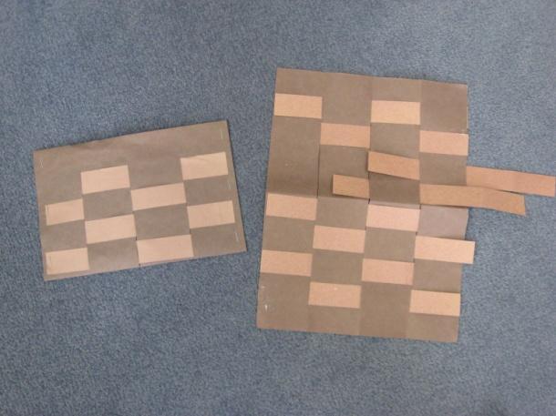 2. Fold dark brown paper in half. Beginning at the fold, cut 3 segments 2 ¼ apart (see diagram). Leave a one inch border at the top and bottom uncut. 3. Younger children prepare and assemble 4.