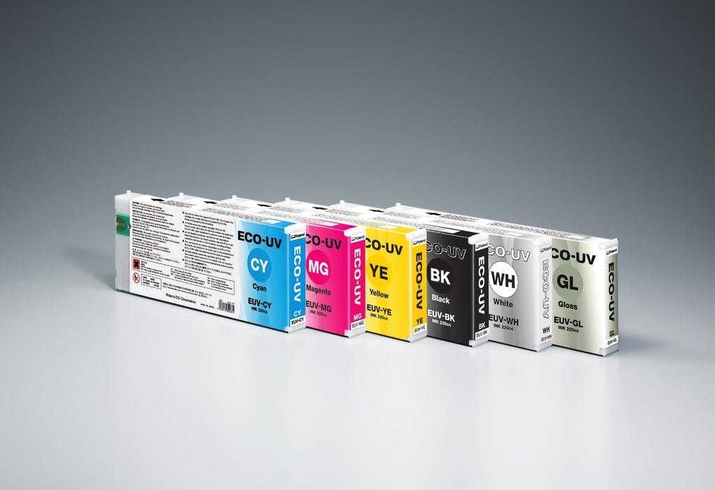 HIGHLIGHTS Brilliant ECO-UV Ink Powers the LEF Series CMYK, Gloss and White ink, plus Primer option for the LEF-200 and LEF-300 Available in cost-effective 500ml cartridges for the LEF-300 Available