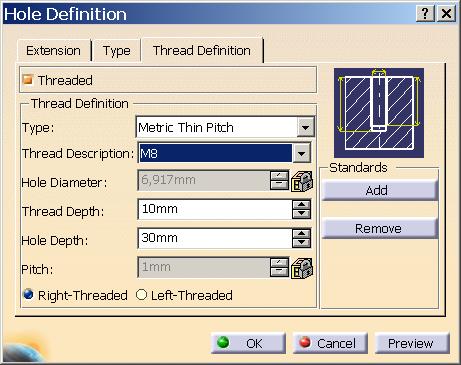 Figure 62: Hole Definition, Type Thread Definition: To create a Thread all parameters have to be defined using the according window.