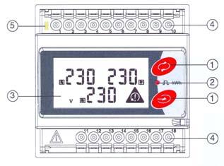 Front panel description 5 3 4 1 2 1 4 1. Keypad To program the configuration parameters and scroll the variables on the display. 2. Pulse output LED Red LED blinking proportional to the energy being measured.
