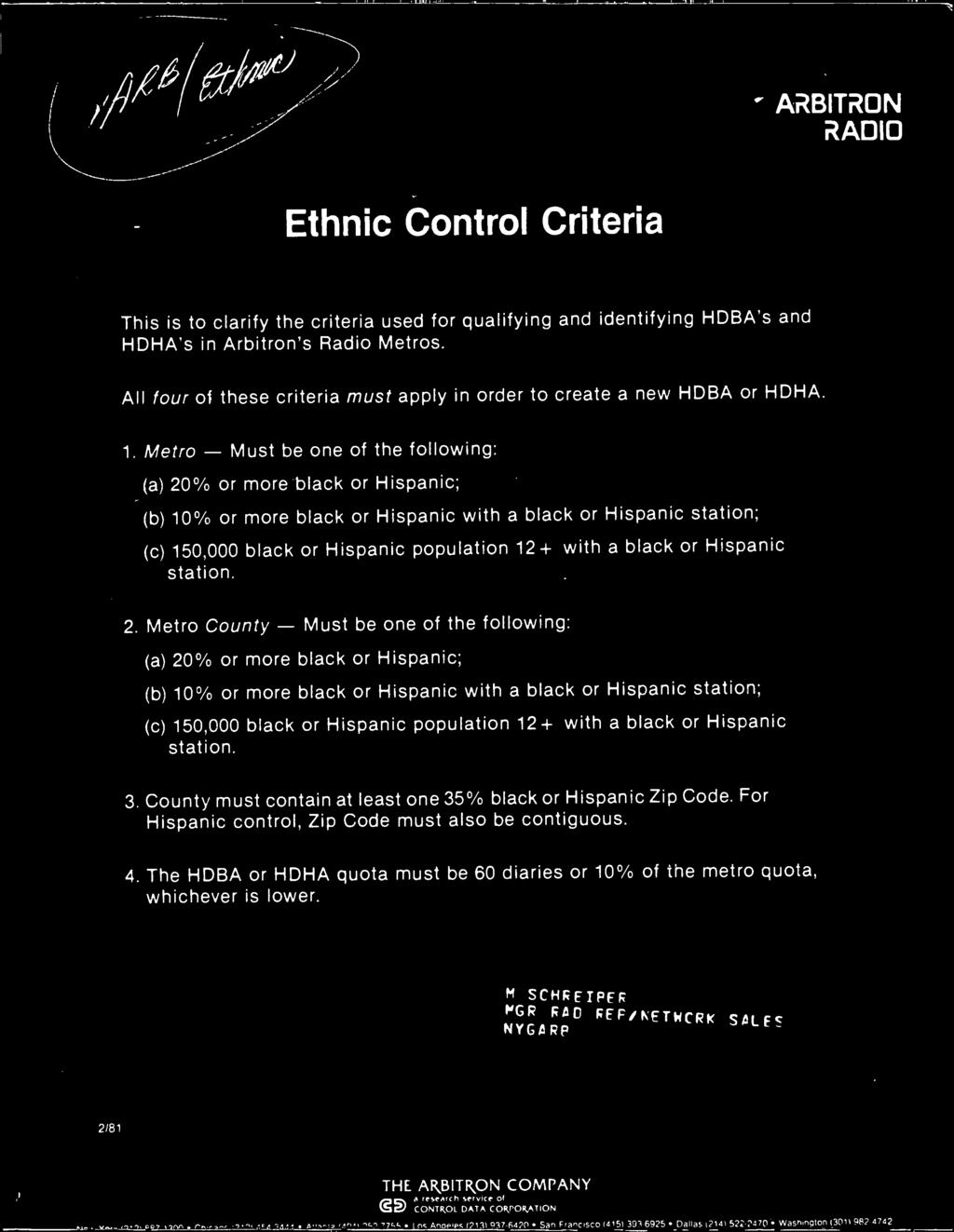 ARBITRON RADIO Ethnic Control Criteria This is to clarify the criteria used for qualifying and identifying HDBA's and HDHA's in Arbitron's Radio Metros.