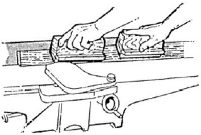 OPERATING INSTRUCTIONS CAUTION! For safety reasons tilt the fence inward when making bevel cuts. See Figure 20. BEVELING Set the jointer fence to desired angle. Adjust cutting depth to 1/16.