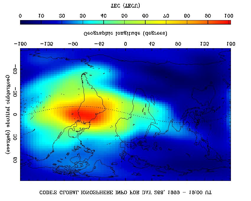Ionosphere - EC distribution Global EC distribution - September 25, 1999 Here is a map of the global distribution of otal Electron Content on September 25, 1999 at 19:00 hours UC.