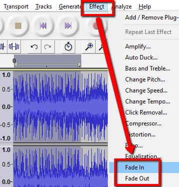 Fade In/Out In order to apply a fade in/out effect on your audio track you first want to cut off any silent parts at the beginning and end of your track if you leave them in the fade effect will