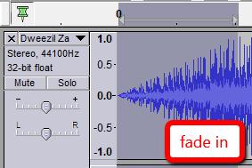 Audacity will then automatically create a fade, which you can see reflected in the new shape of the beginning/end of the audio track: