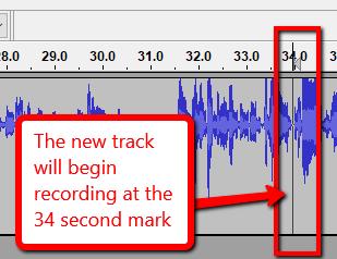 If you want to begin recording at place other than the beginning of the timeline, click the spot on the first track where you want the second track to begin.