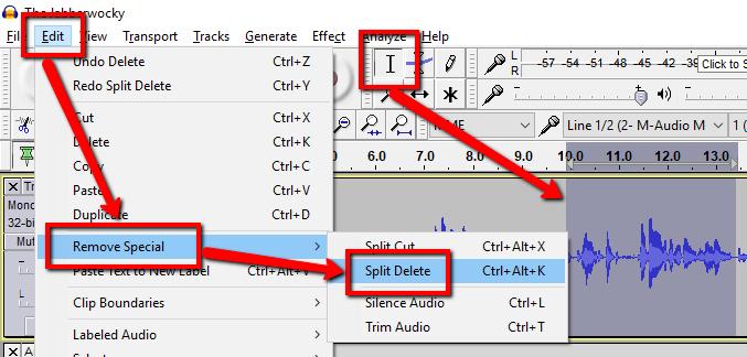 Deleting Portions of Audio from a Single Track To delete a portion of audio you'll need to first select the part you want to remove (see "selecting audio" above).