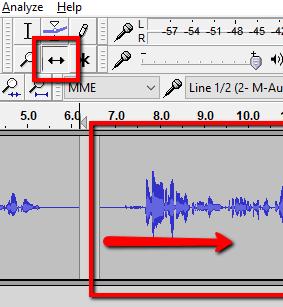 To make a split make sure you're on the selection tool, and then click the spot on the audio track where you want to make the split. Then go to Edit > Clip Boundaries > Split.