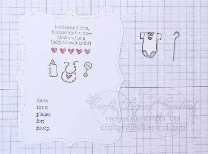 and the date/time/place stamp. Stamp a scrap piece of Whisper White card stock with the onesie stamp.