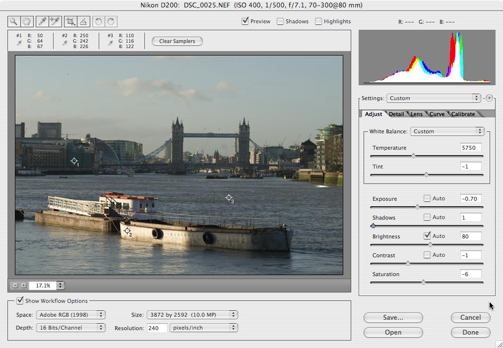 Using raw files from digital cameras: Conrad Taylor Figure 6. Using a raw file Opening a Nikon NEF file using the Adobe Camera Raw 3.6 plug-in for Adobe Photoshop CS2.