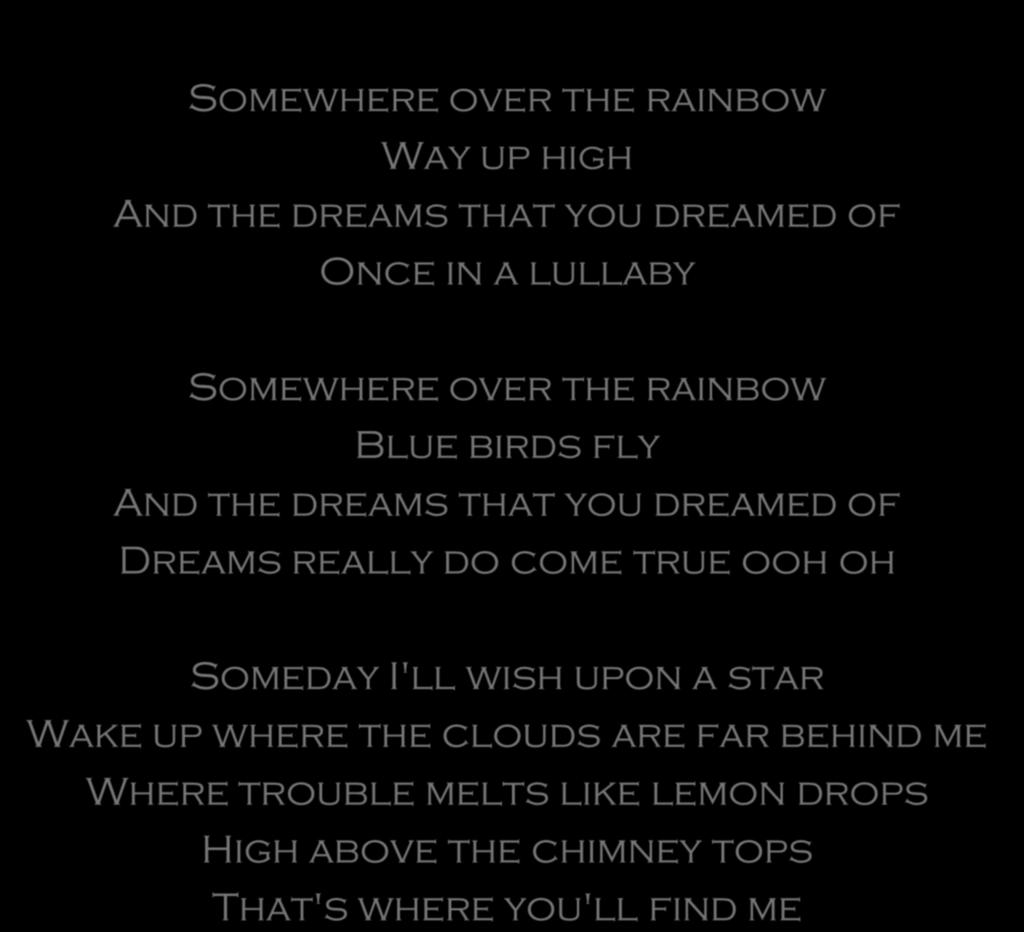 Somewhere over the rainbow Way up high And the dreams that you dreamed of Once in a lullaby Somewhere over the rainbow Blue birds fly And the dreams that you dreamed of Dreams really