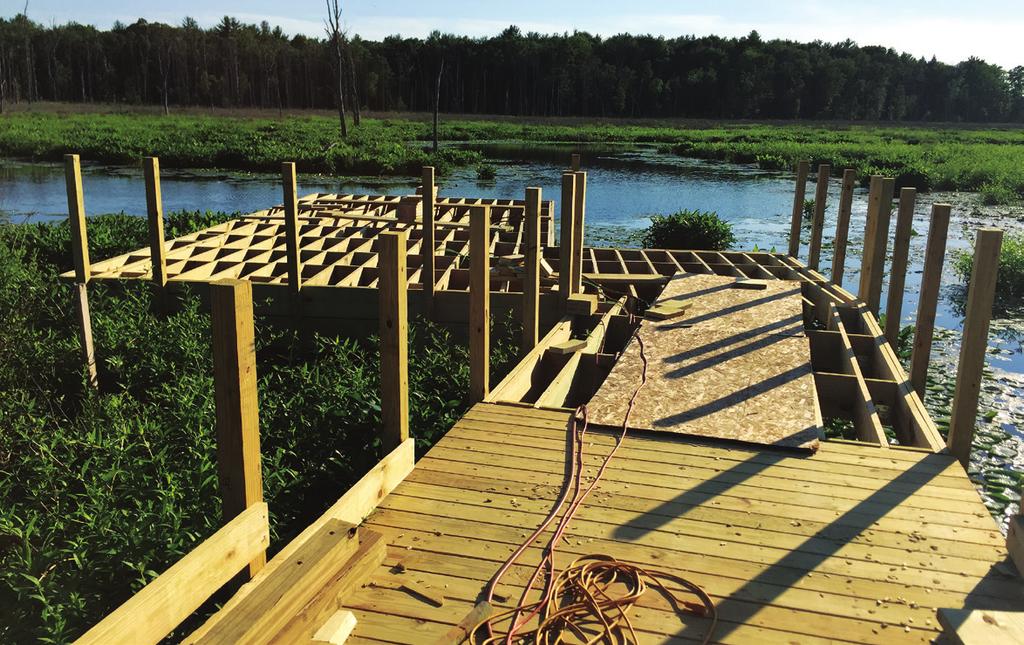 Challenging Conditions To provide access as we proceeded into the wetland, we used long aluminum planks and installed decking as we framed.