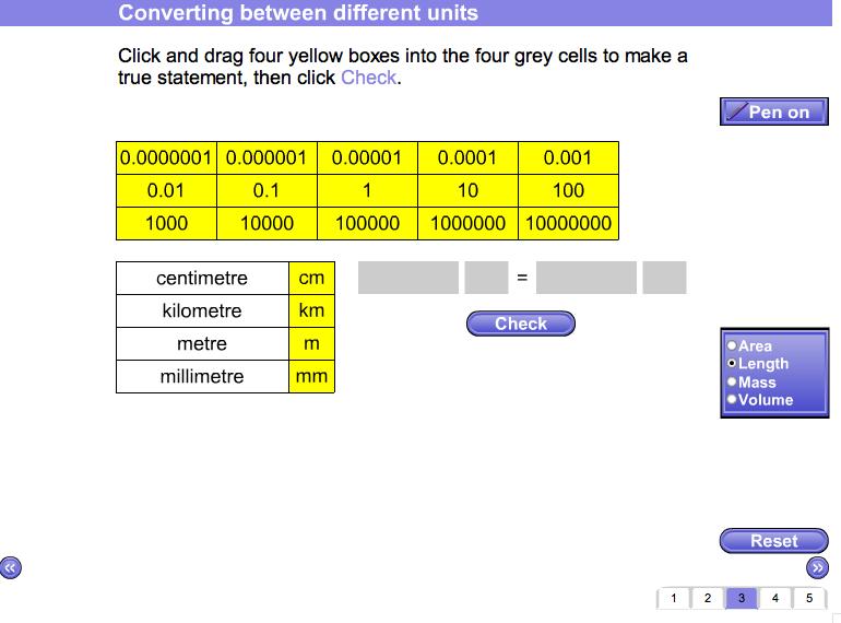 Screen 3: Converting between different units You are asked to click Area, Length, Mass or Volume to convert metric units.