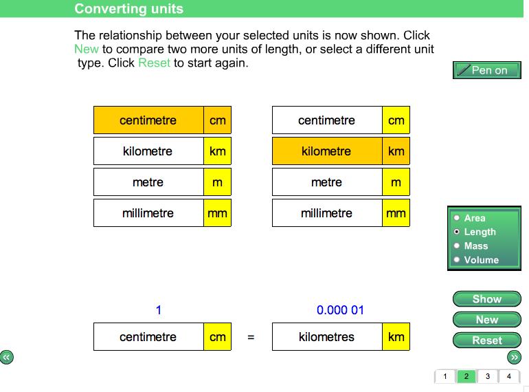 Screen 2: Converting units You are asked to click Area, Length, Mass or Volume to convert metric units.