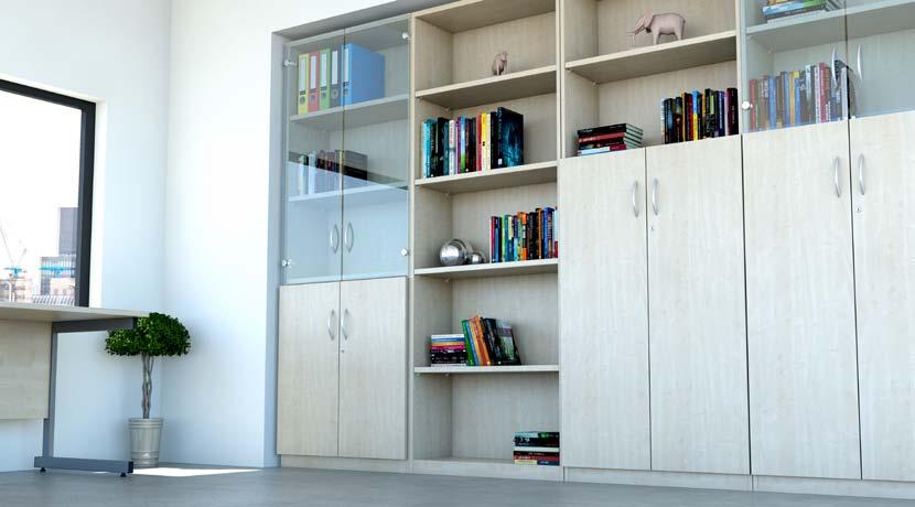 STORAGE Image features from left to right 4 shelf units including combination 11, a bookcase, combination 2 & 5 all in maple.
