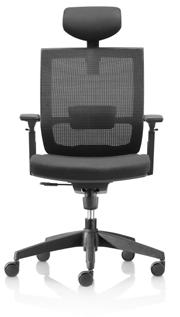 Seat slide (Drayton chair, with headrest & seat slide only). High black mesh back with adjustable lumbar. Three-position lock synchro mechanism.