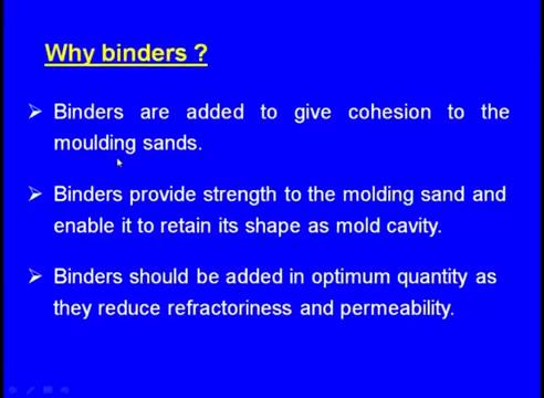 Now, we will see the binders, we have already completed the base sands and we have seen the different types of the base sands and their origin and applications and their chemical constraints we have