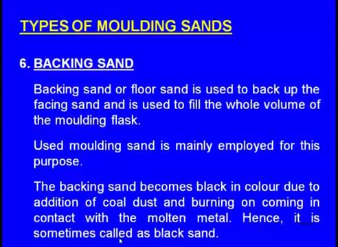 (Refer Slide Time: 07:56) Next one let us see the backing sand backing sand or floor sand you is used for backup the facing sand and is used to fill the whole volume of the moulding flask.