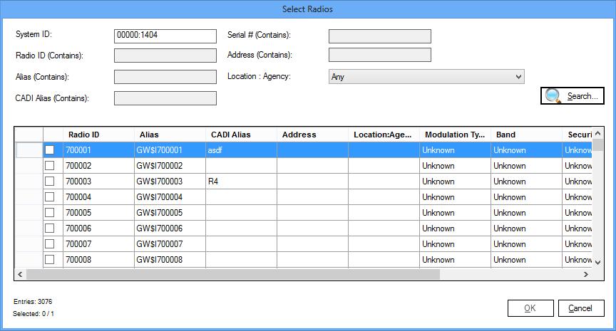 Selecting Radio IDs Whenever GW_RCM needs a radio ID to accomplish a selected task, it provides the Select Radios window.