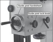 When the correct adjustment is reached, lock the thrust bearing in position with the hex nut (A--Fig. 9). Lower Guides: To adjust the lower blade guides, first loosen the hex nut (A--Fig.