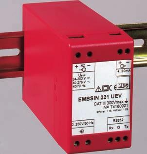EMBSIN 221 UEV : Sinus-shaped alternating voltage (0 50 to 0 500 V) : Unipolar and live-zero output signal measuring principle: Digital, true rms measuring via AC/DC supply or AC supply economical