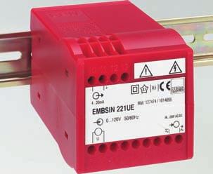 EMBSIN 221 UE effective value measuring housing for 35 mm DIN rail mounting : Alternating voltage (0 20 to 0 690 V) sinus-shaped or distorted,effective value measuring : Unipolar and live-zero output