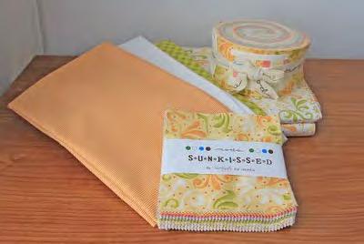 1 Charm Pack (Sunkissed by Sweetwater) 1 Jelly Roll (Sunkissed by Sweetwater) 1/2 yard of white "middle border" fabric (SKU# 9900 98 white) 1/4 yard of "border" fabric (SKU#5443 23 orange stripes)
