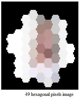 (a) Original Image of Square Pixels, (b) Cluster of 7 Hexagonal Pixels Image, (c) 7 2