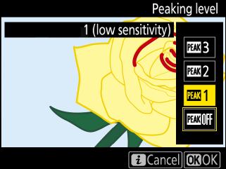 The options in the Peaking level menu are 3 (high sensitivity), 2 (standard), 1 (low sensitivity), and Off; the higher the setting, the