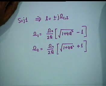 (Refer Slide Time 38.05-38.58 min) The two cutoff frequencies are therefore s = + jω 1, where Ω 1 = [Ω 0 /(2Q)] [ (1 + 4Q 2 ) 1] and Ω 2 = [Ω 0 /(2Q)] [ (1 + 4Q 2 ) + 1].