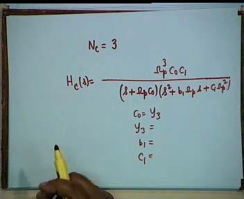 (Refer Slide Time 22.04-23.37) And once you know N c, then you can write down H c (s) denominator factors as (s + C 0 Ω p ) and (s 2 + b 1 Ω p s + C 1 Ω 2 p ); the numerator would be Ω 3 p C 0 C 1.
