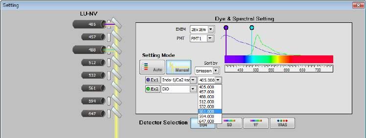 Figure 4.3-7 Selecting wavelength for excitation lasers 7. Set the channel color.