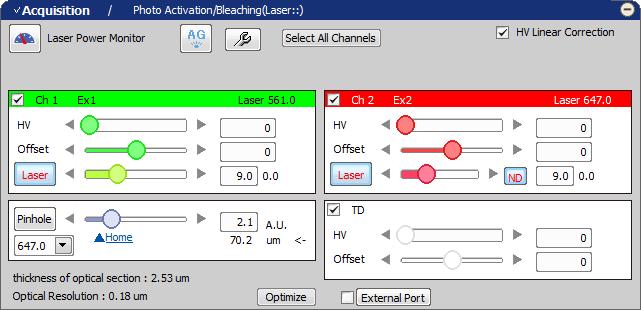 Chapter 4 Detection Mode DU4 In the Acquisition window, adjust a PMT for the excitation lasers. Set the HV value, the Offset value, and the Laser power value.