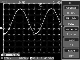 UNI-T 1. Setting up channel coupling Take the example of applying a signal to CH1. The signal being tested is a sine signal that contains DC %. Press [F1] then [F2] to select AC.