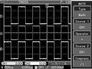 I. Operating Math Functions Math functions are displays of +, -,,, FFT mathematical results and digital filtering function of CH1 and CH2 waveforms.