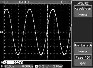 UNI-T Illustration 9 : Quick acquisition In the [ACQUIRE] menu, [F5] is the key for quick acquisition. To observe the rapidly changes of a waveform, activate this function.
