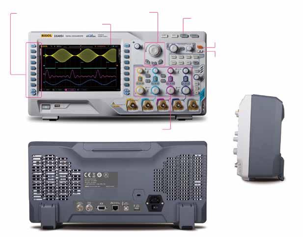 DS4000 Series Digital Oscilloscope Intuitive Ions and Soft keys for easy test 9 inch WVGA 256 levels grading display Waveform record&replay RUN/STOP/SINGLE Default key Quick Print key Independent